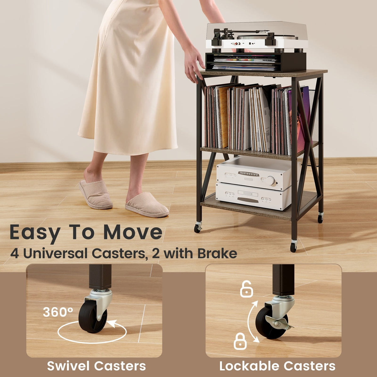 Mid-Century Record Player Stand with Built-in Charging Station-Gray-End & Side Tables-DECOROLALA
