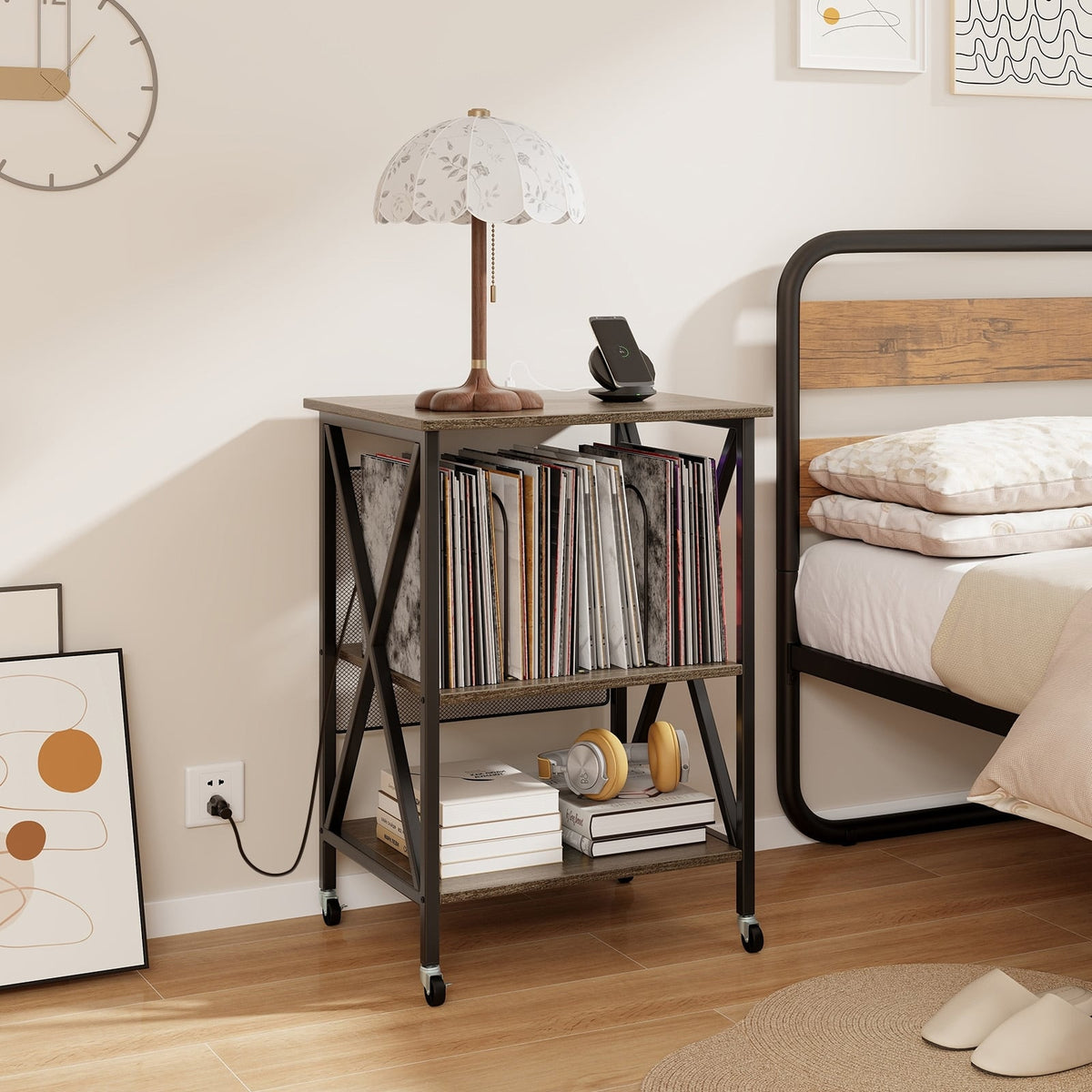 Mid-Century Record Player Stand with Built-in Charging Station-Gray-End & Side Tables-DECOROLALA