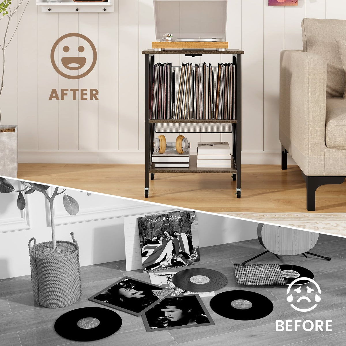 Mid-Century Record Player Stand with Built-in Charging Station-Gray-End & Side Tables-DECOROLALA