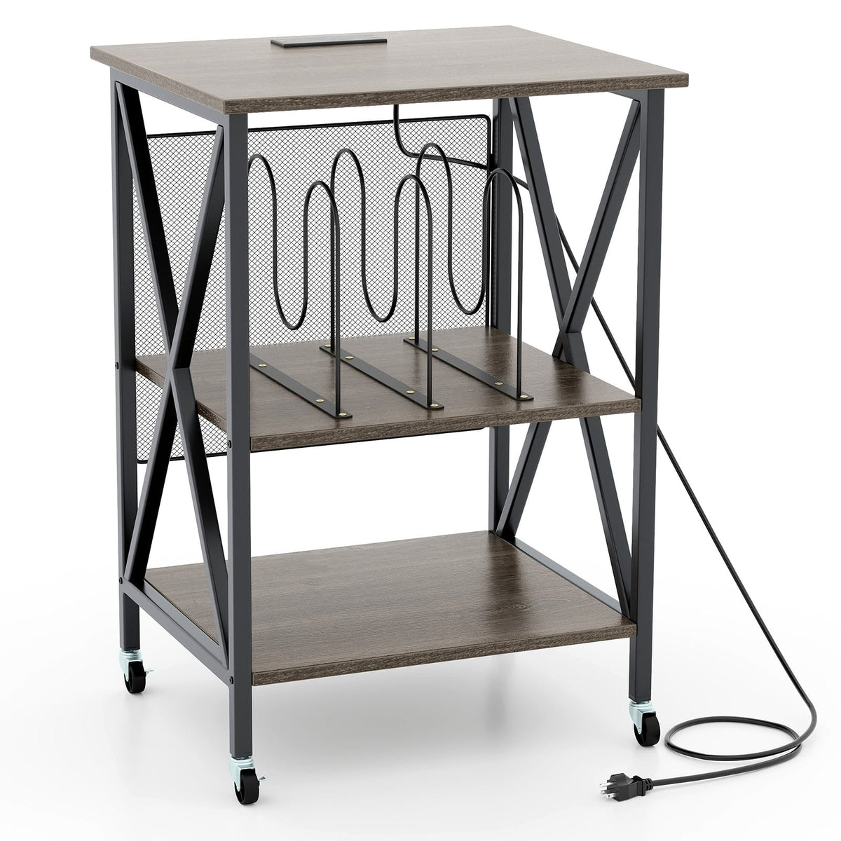 Mid-Century Record Player Stand with Built-in Charging Station-Gray-End & Side Tables-DECOROLALA