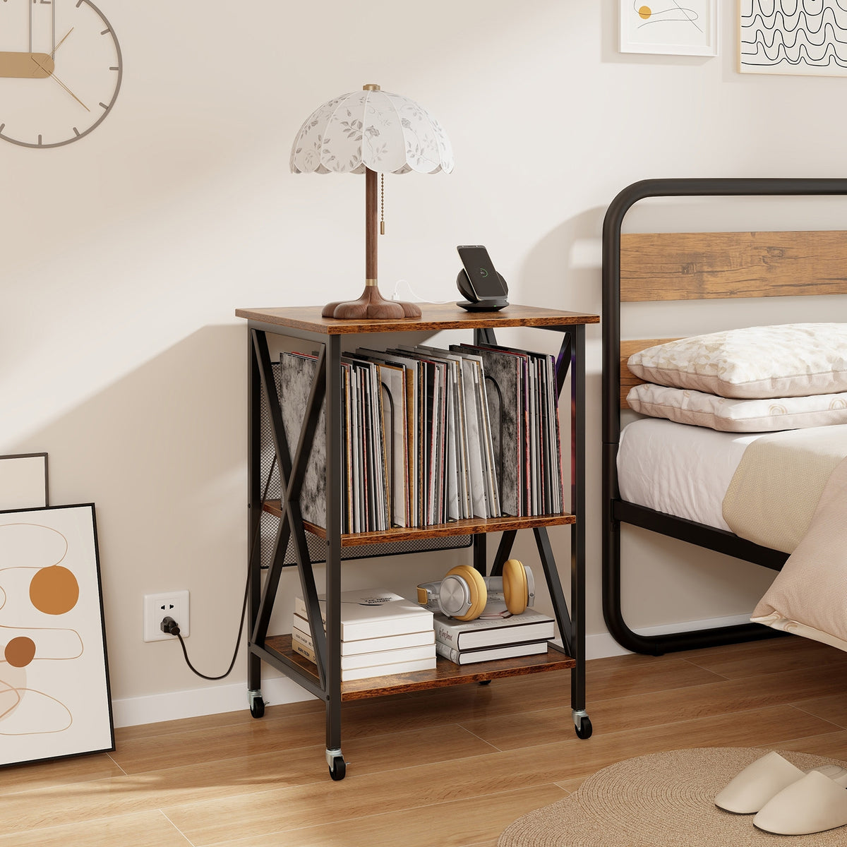Mid-Century Record Player Stand with Built-in Charging Station-Rustic Brown-End & Side Tables-DECOROLALA