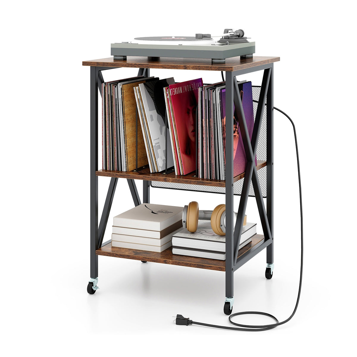 Mid-Century Record Player Stand with Built-in Charging Station-Rustic Brown-End & Side Tables-DECOROLALA