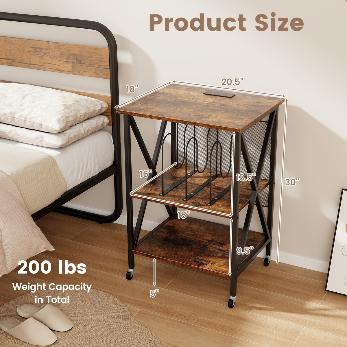 Mid-Century Record Player Stand with Built-in Charging Station-Rustic Brown-End & Side Tables-DECOROLALA