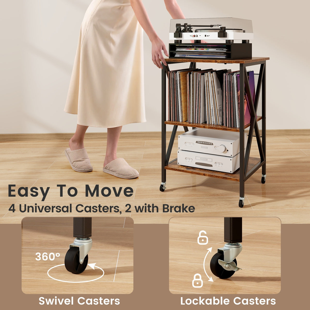 Mid-Century Record Player Stand with Built-in Charging Station-Rustic Brown-End & Side Tables-DECOROLALA
