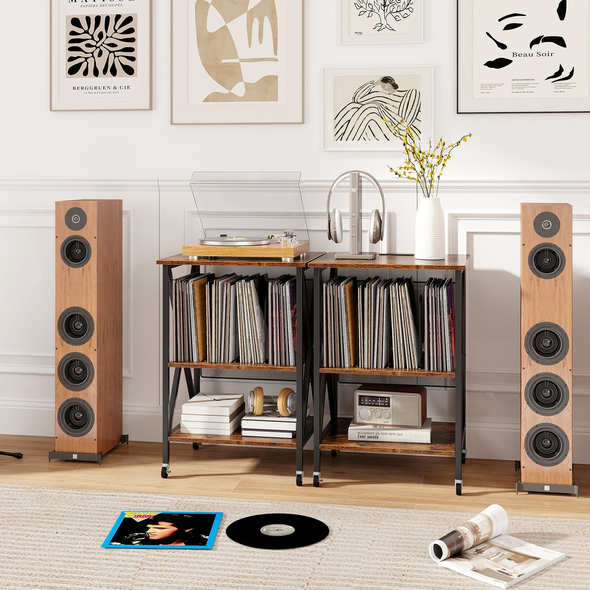 Mid-Century Record Player Stand with Built-in Charging Station-Rustic Brown-End & Side Tables-DECOROLALA
