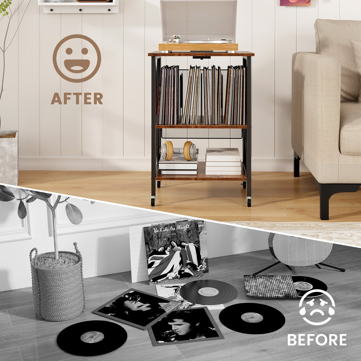 Mid-Century Record Player Stand with Built-in Charging Station-Rustic Brown-End & Side Tables-DECOROLALA