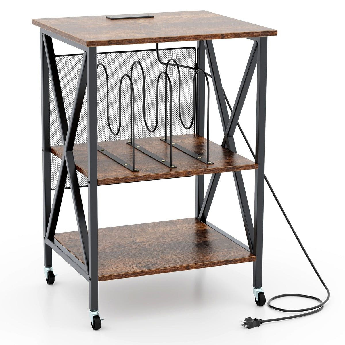 Mid-Century Record Player Stand with Built-in Charging Station-Rustic Brown-End & Side Tables-DECOROLALA