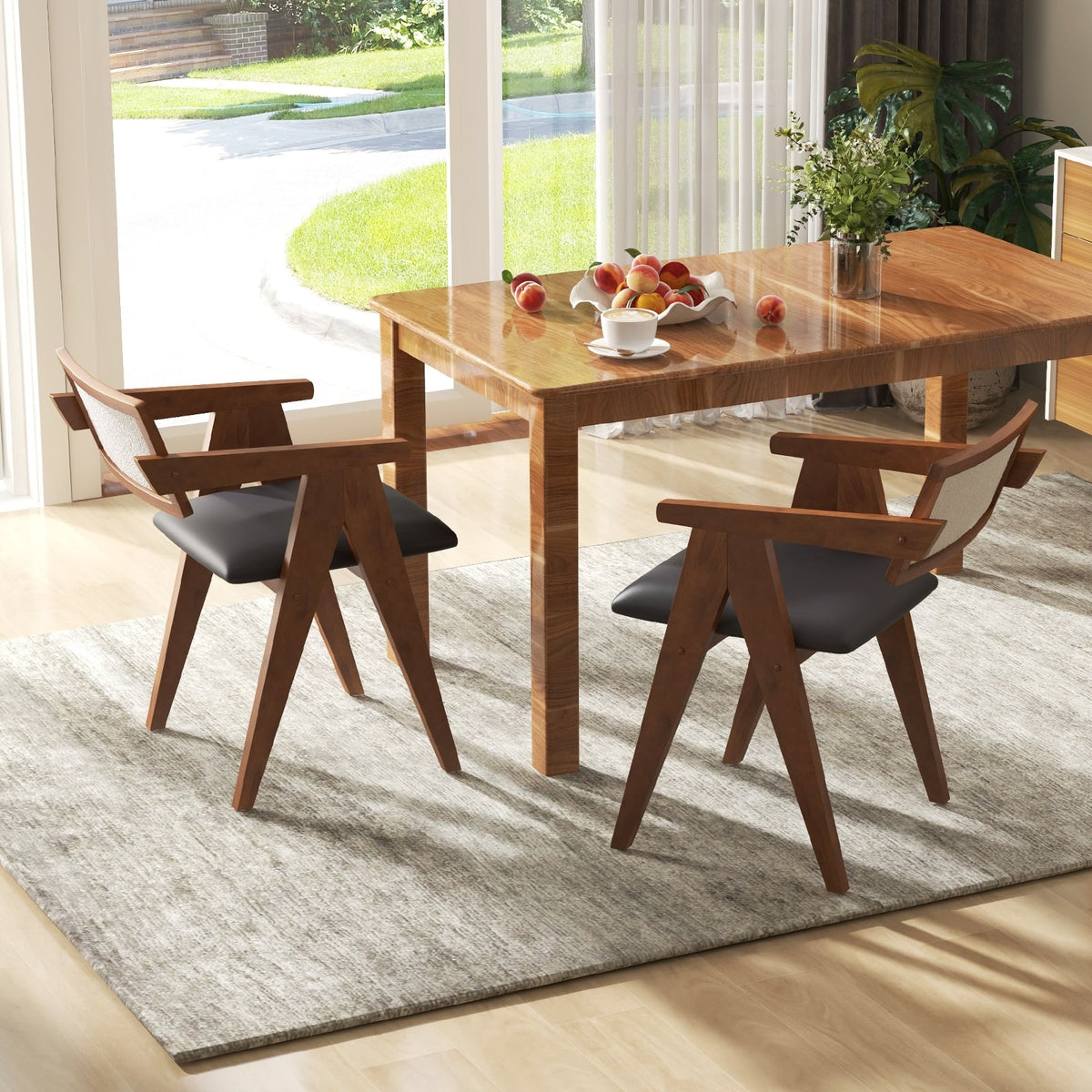 Mid Century Wooden Accent Chairs with Leathaire Seat Cushions Set of 2-Walnut-Accent Chairs-DECOROLALA