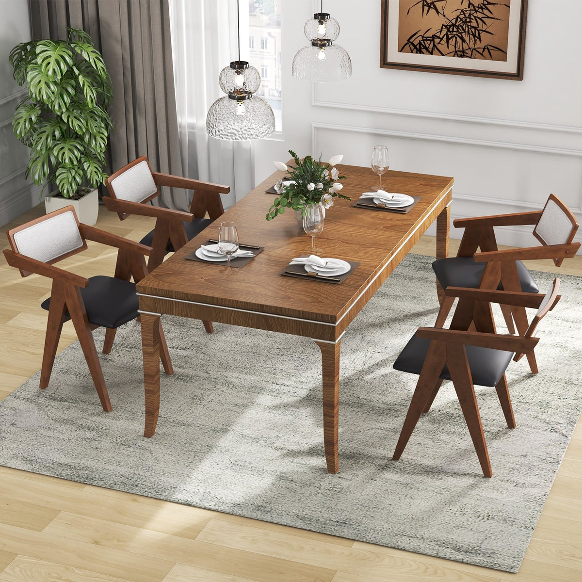 Mid Century Wooden Accent Chairs with Leathaire Seat Cushions Set of 2-Walnut-Accent Chairs-DECOROLALA