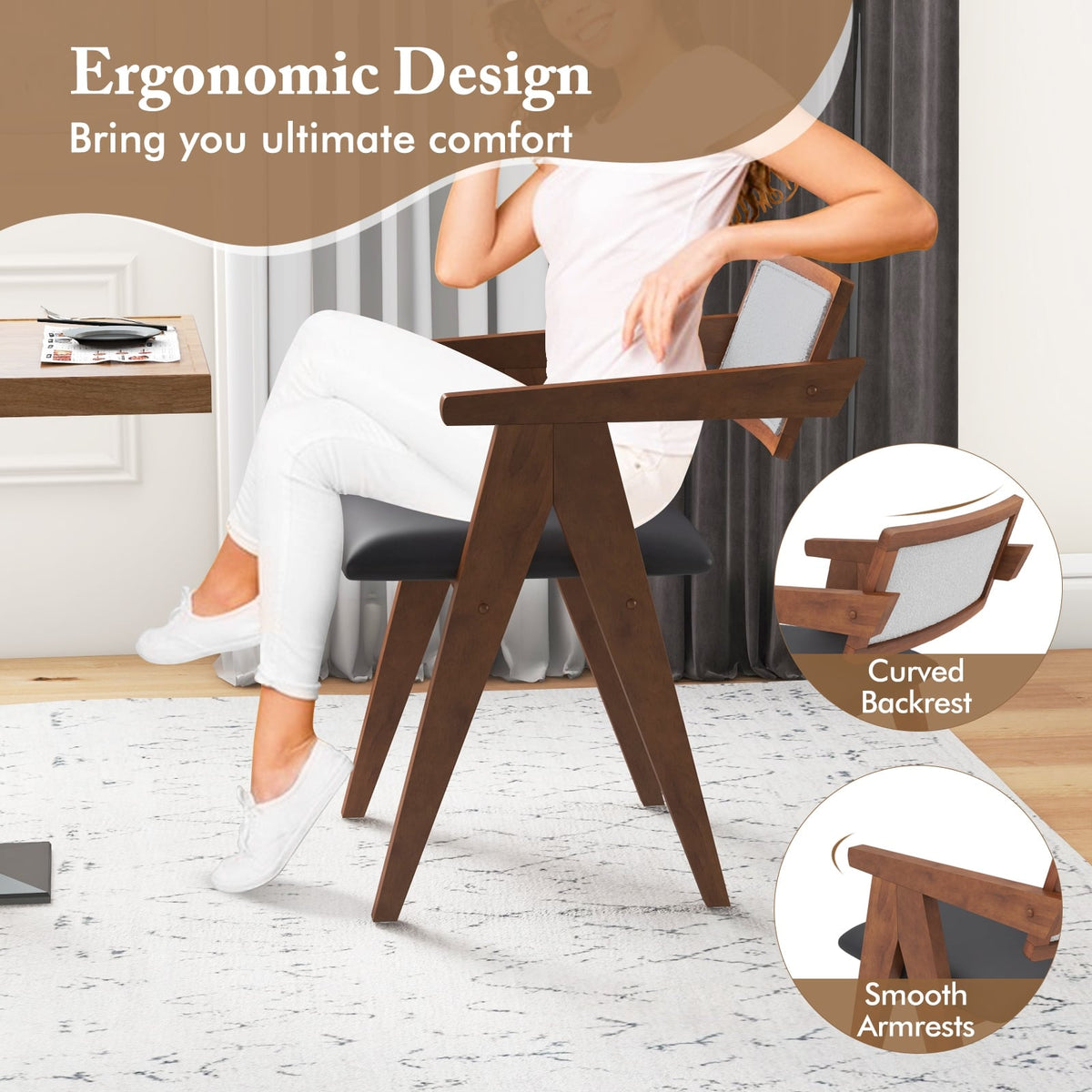 Mid Century Wooden Accent Chairs with Leathaire Seat Cushions Set of 2-Walnut-Accent Chairs-DECOROLALA