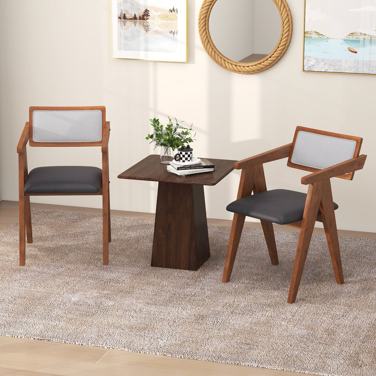 Mid Century Wooden Accent Chairs with Leathaire Seat Cushions Set of 2-Walnut-Accent Chairs-DECOROLALA