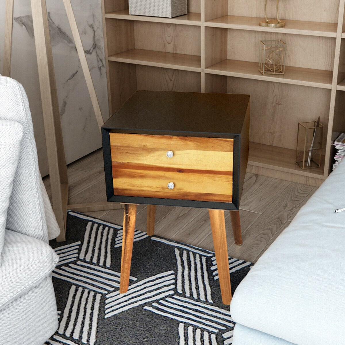 Mid-Century Wooden Multipurpose End Table with 2 Storage Drawers-Black-Nightstands-DECOROLALA