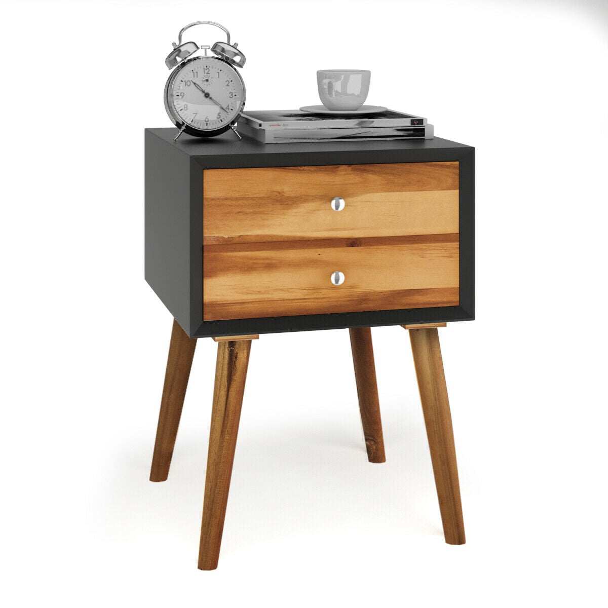 Mid-Century Wooden Multipurpose End Table with 2 Storage Drawers-Black-Nightstands-DECOROLALA