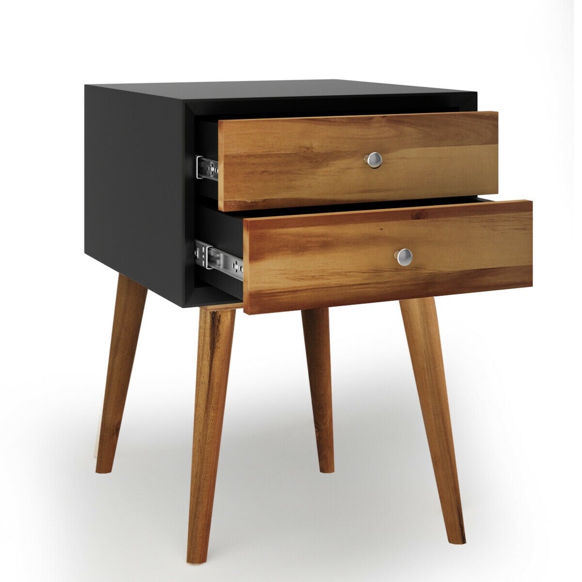 Mid-Century Wooden Multipurpose End Table with 2 Storage Drawers-Black-Nightstands-DECOROLALA