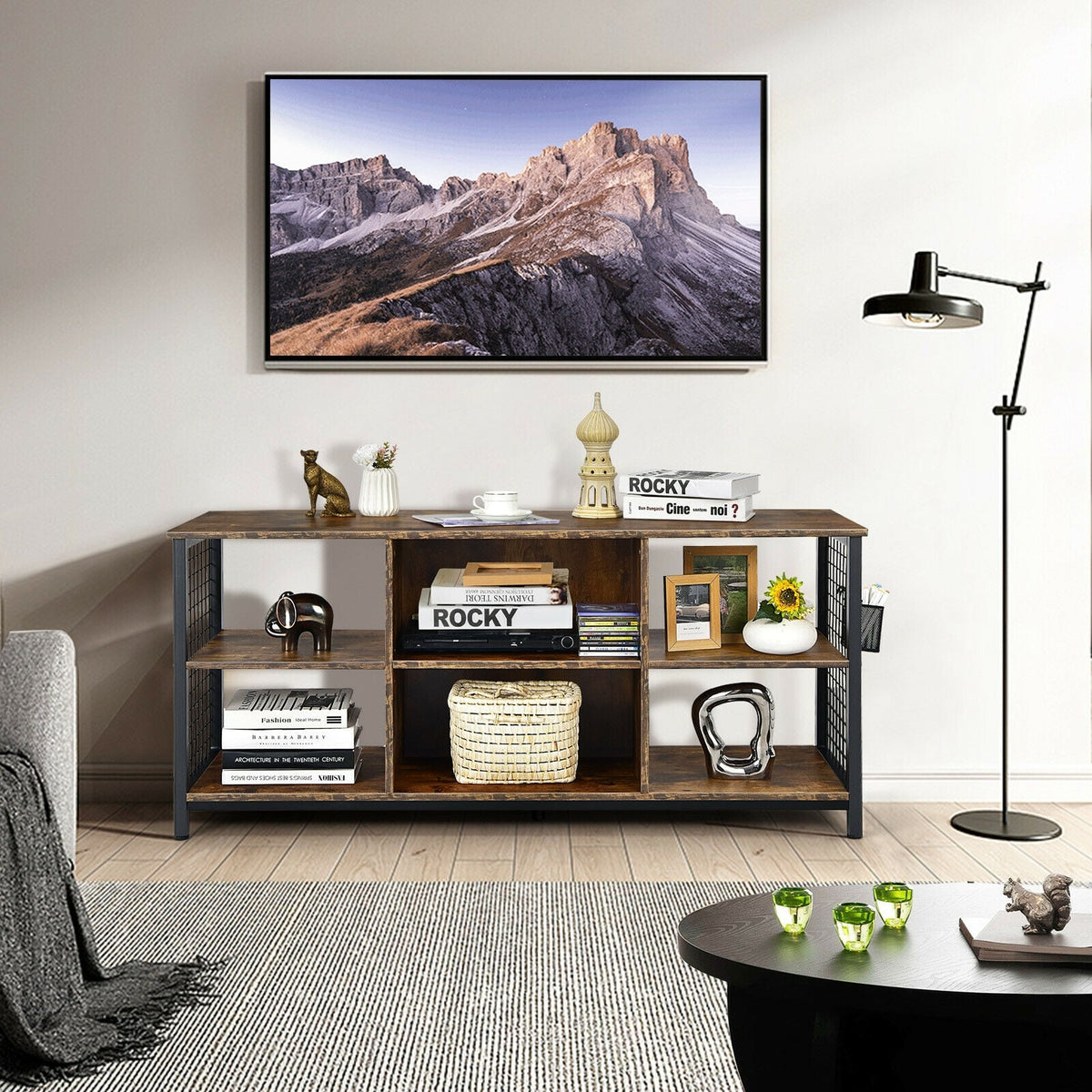 Mid-Century Wooden TV Stand with Storage Basket for TVs up to 65 Inch-Rustic Brown-Entertainment Centers & TV Stands-DECOROLALA