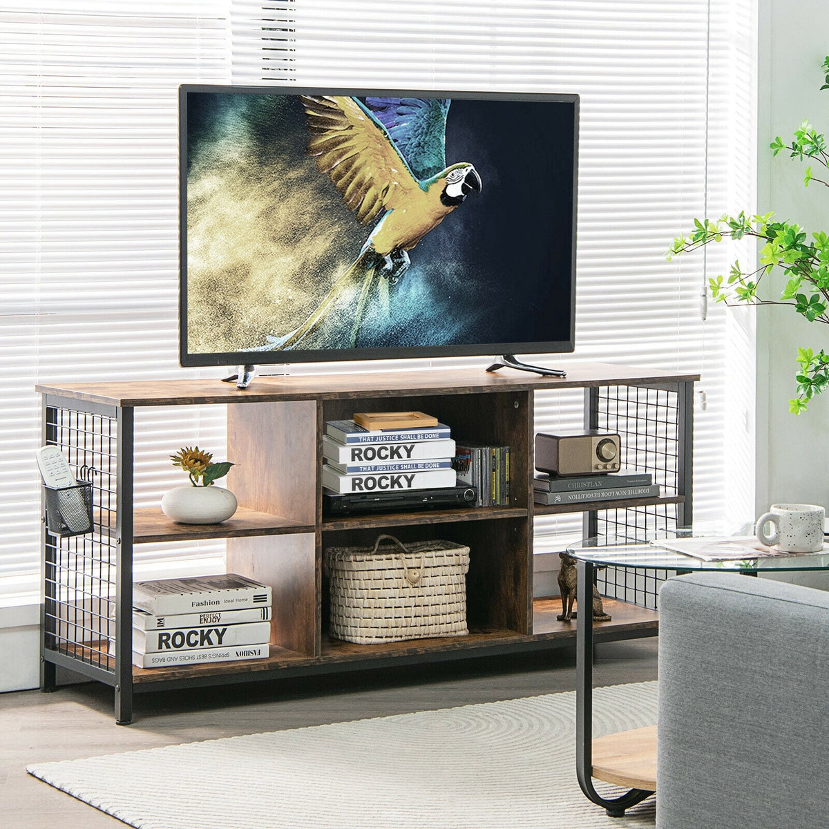Mid-Century Wooden TV Stand with Storage Basket for TVs up to 65 Inch-Rustic Brown-Entertainment Centers & TV Stands-DECOROLALA