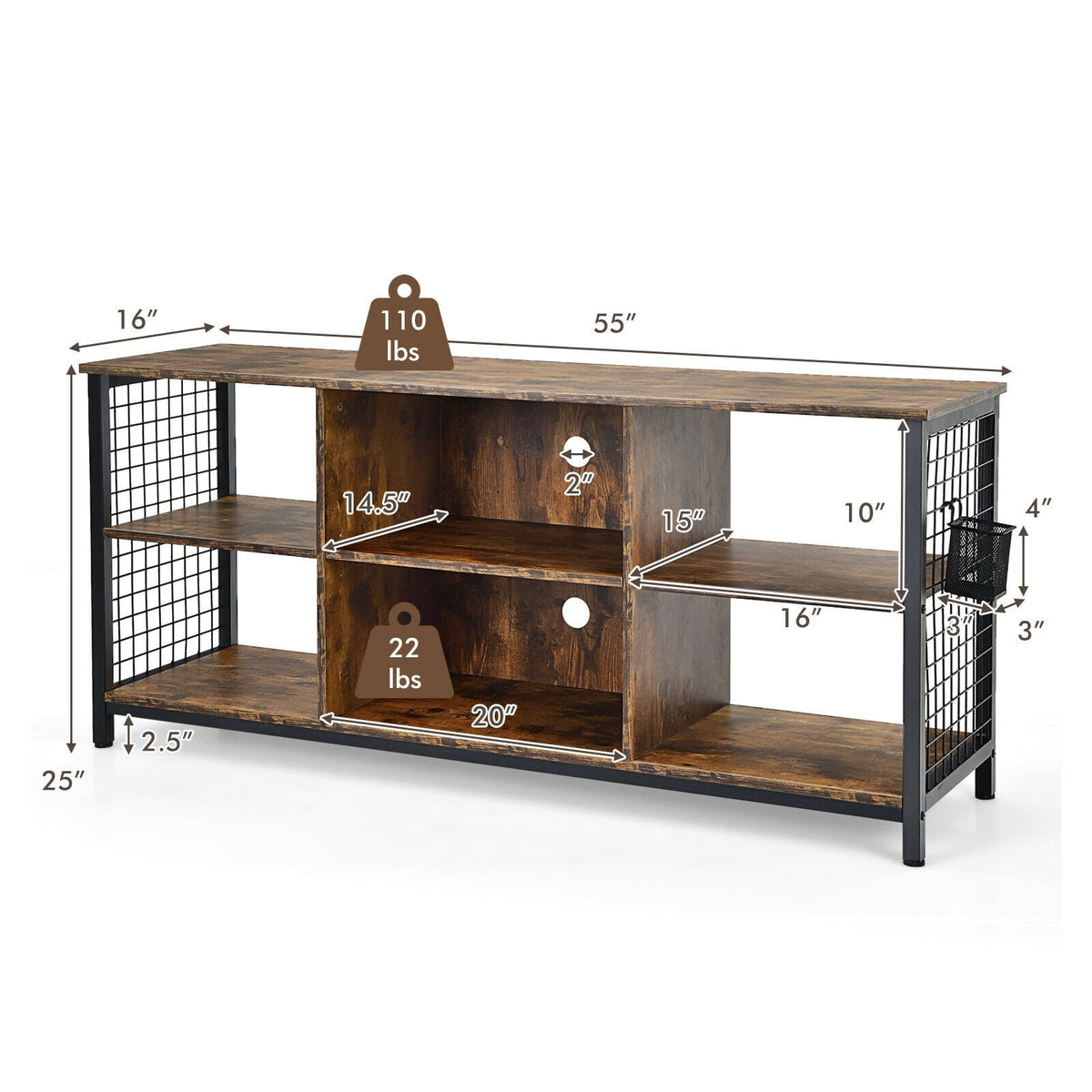 Mid-Century Wooden TV Stand with Storage Basket for TVs up to 65 Inch-Rustic Brown-Entertainment Centers & TV Stands-DECOROLALA