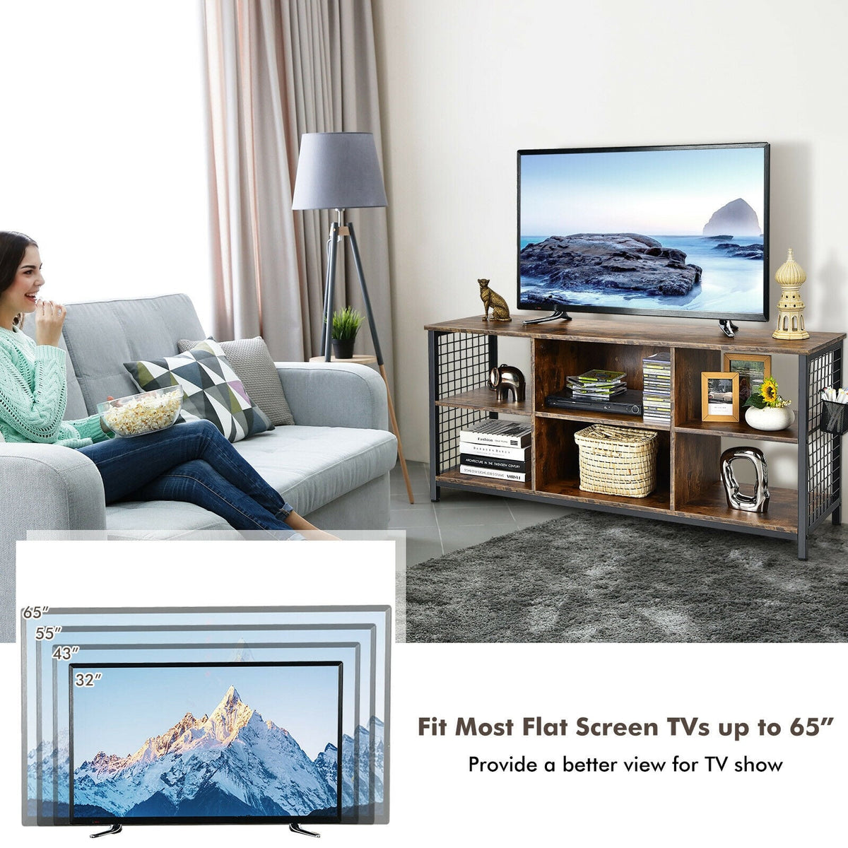 Mid-Century Wooden TV Stand with Storage Basket for TVs up to 65 Inch-Rustic Brown-Entertainment Centers & TV Stands-DECOROLALA