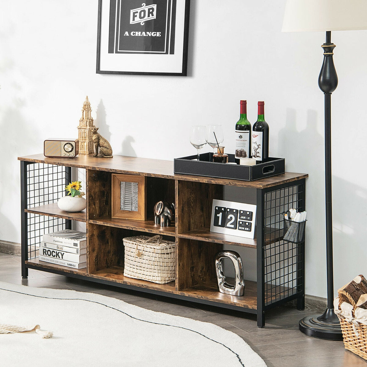 Mid-Century Wooden TV Stand with Storage Basket for TVs up to 65 Inch-Rustic Brown-Entertainment Centers & TV Stands-DECOROLALA