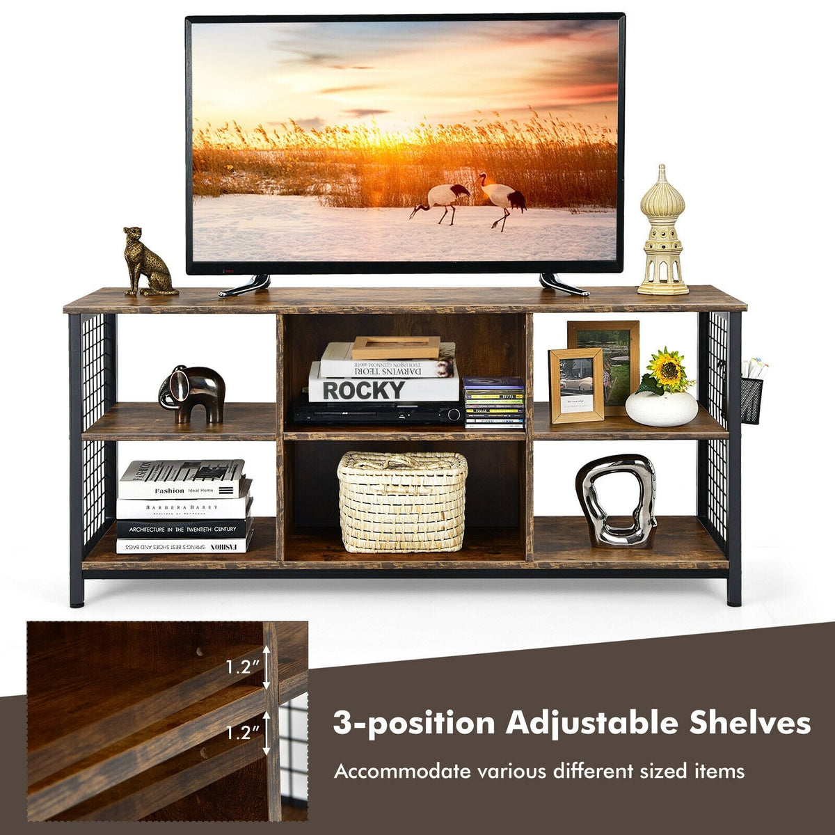 Mid-Century Wooden TV Stand with Storage Basket for TVs up to 65 Inch-Rustic Brown-Entertainment Centers & TV Stands-DECOROLALA