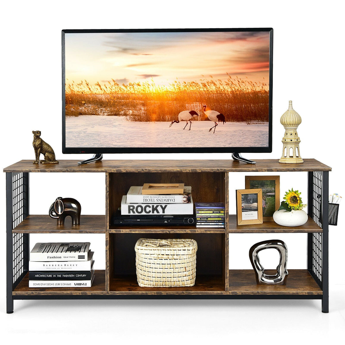 Mid-Century Wooden TV Stand with Storage Basket for TVs up to 65 Inch-Rustic Brown-Entertainment Centers & TV Stands-DECOROLALA
