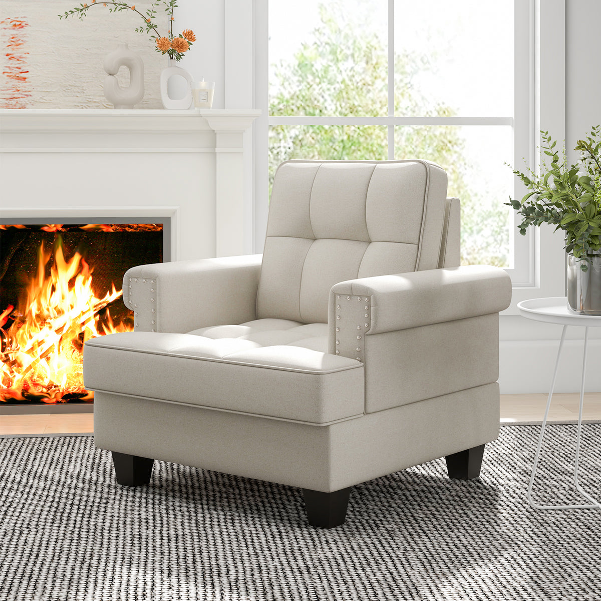 Mid-century Modern Accent Armchair Tufted Linen Club Chair-Beige-Accent Chairs-DECOROLALA