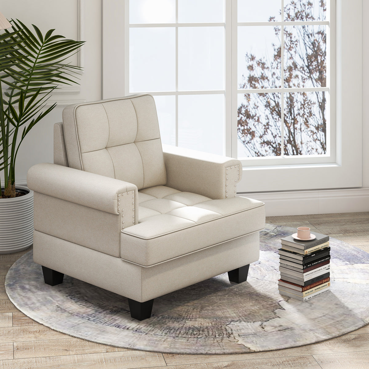 Mid-century Modern Accent Armchair Tufted Linen Club Chair-Beige-Accent Chairs-DECOROLALA