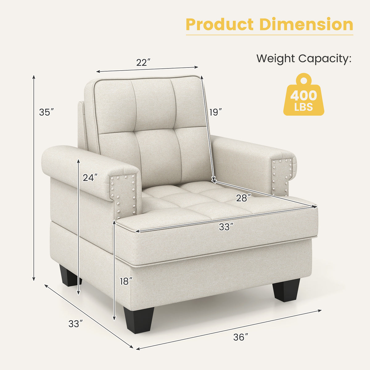 Mid-century Modern Accent Armchair Tufted Linen Club Chair-Beige-Accent Chairs-DECOROLALA