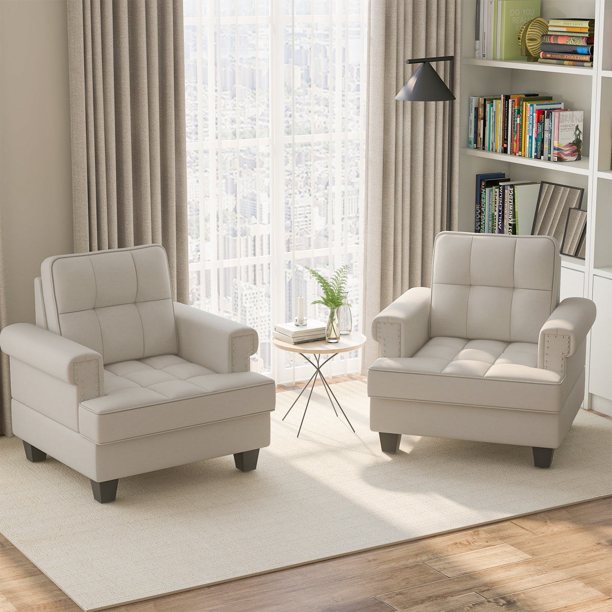 Mid-century Modern Accent Armchair Tufted Linen Club Chair-Beige-Accent Chairs-DECOROLALA