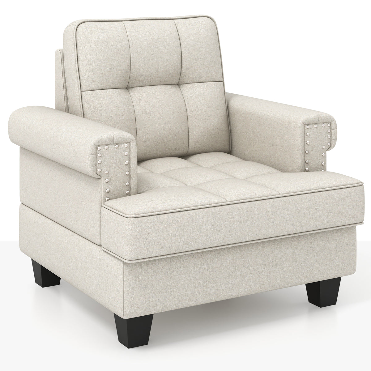 Mid-century Modern Accent Armchair Tufted Linen Club Chair-Beige-Accent Chairs-DECOROLALA