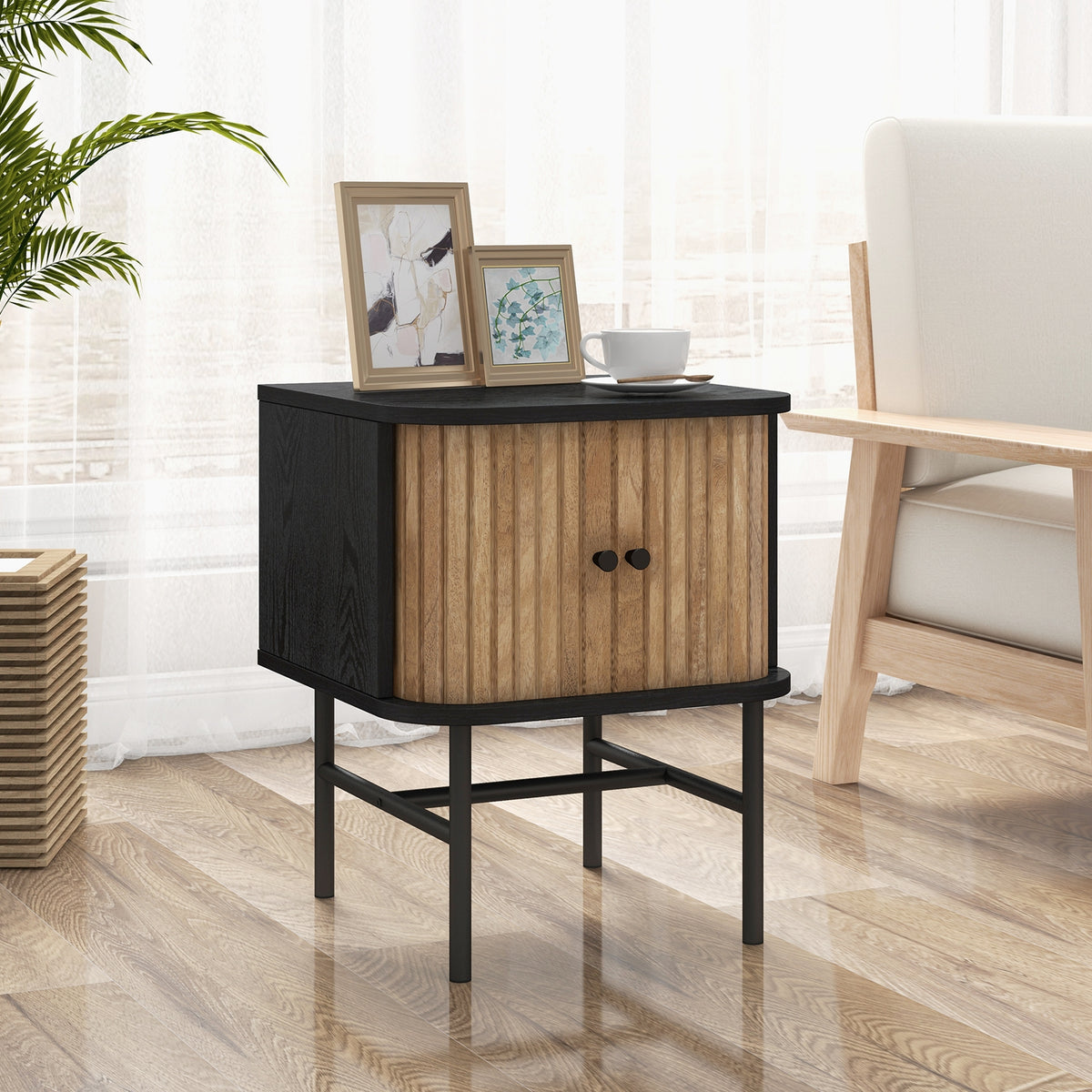 Mid-century Modern Nightstand with Sliding Doors and Storage Cabinet-Black-Nightstands-DECOROLALA