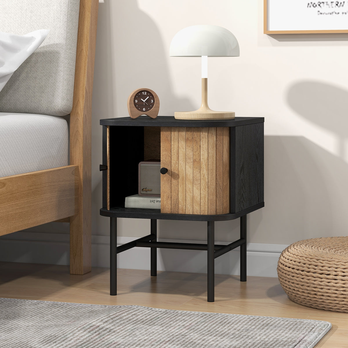 Mid-century Modern Nightstand with Sliding Doors and Storage Cabinet-Black-Nightstands-DECOROLALA