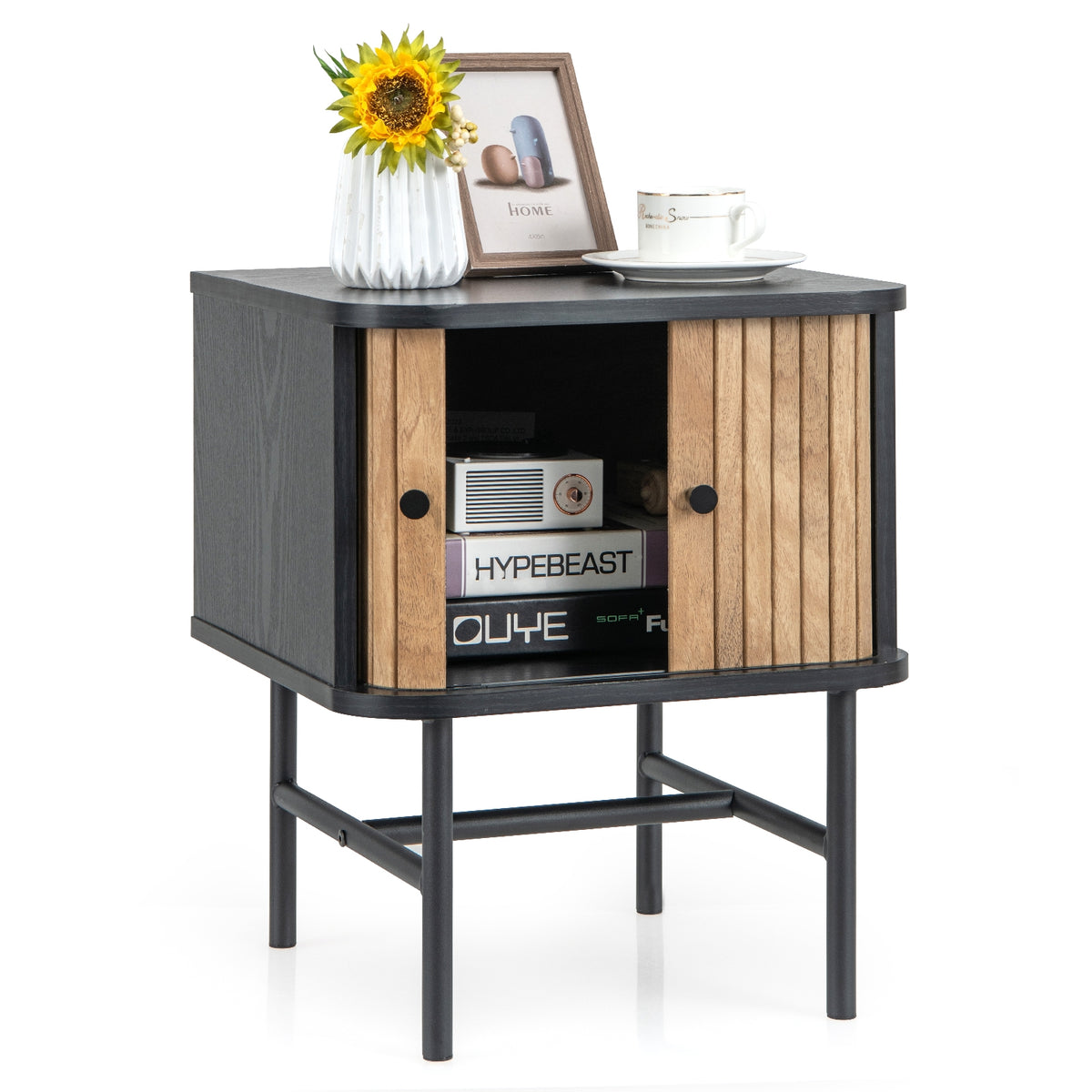 Mid-century Modern Nightstand with Sliding Doors and Storage Cabinet-Black-Nightstands-DECOROLALA