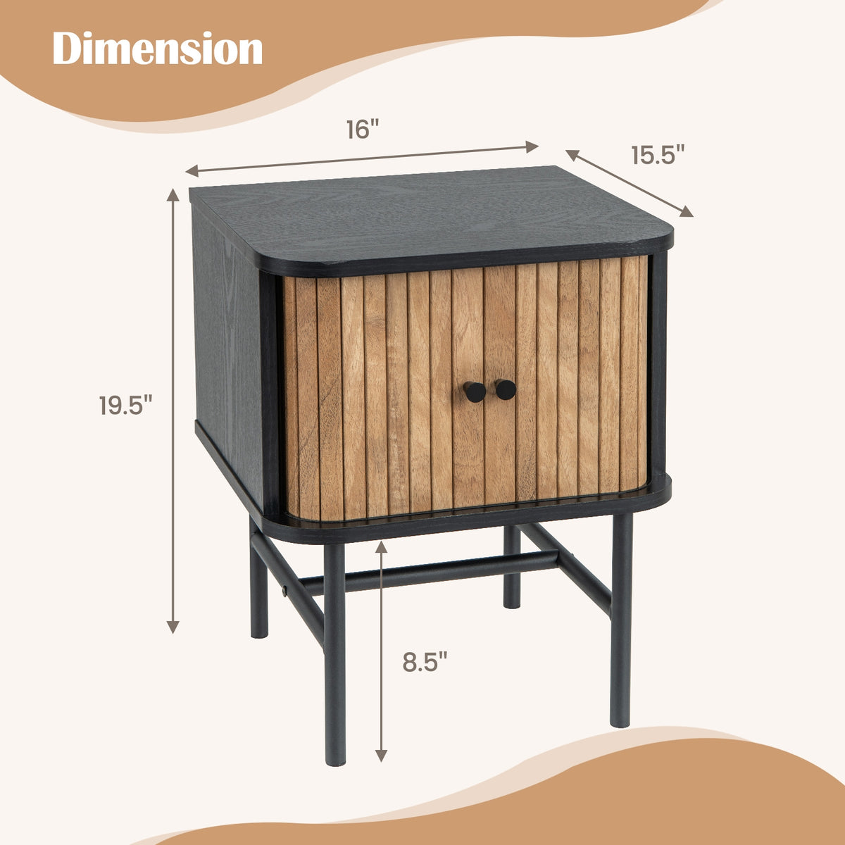 Mid-century Modern Nightstand with Sliding Doors and Storage Cabinet-Black-Nightstands-DECOROLALA