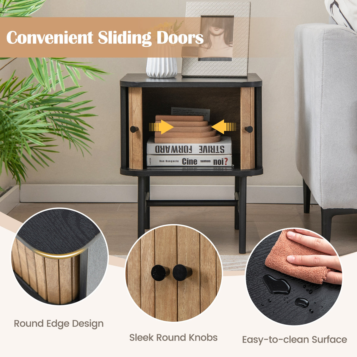 Mid-century Modern Nightstand with Sliding Doors and Storage Cabinet-Black-Nightstands-DECOROLALA