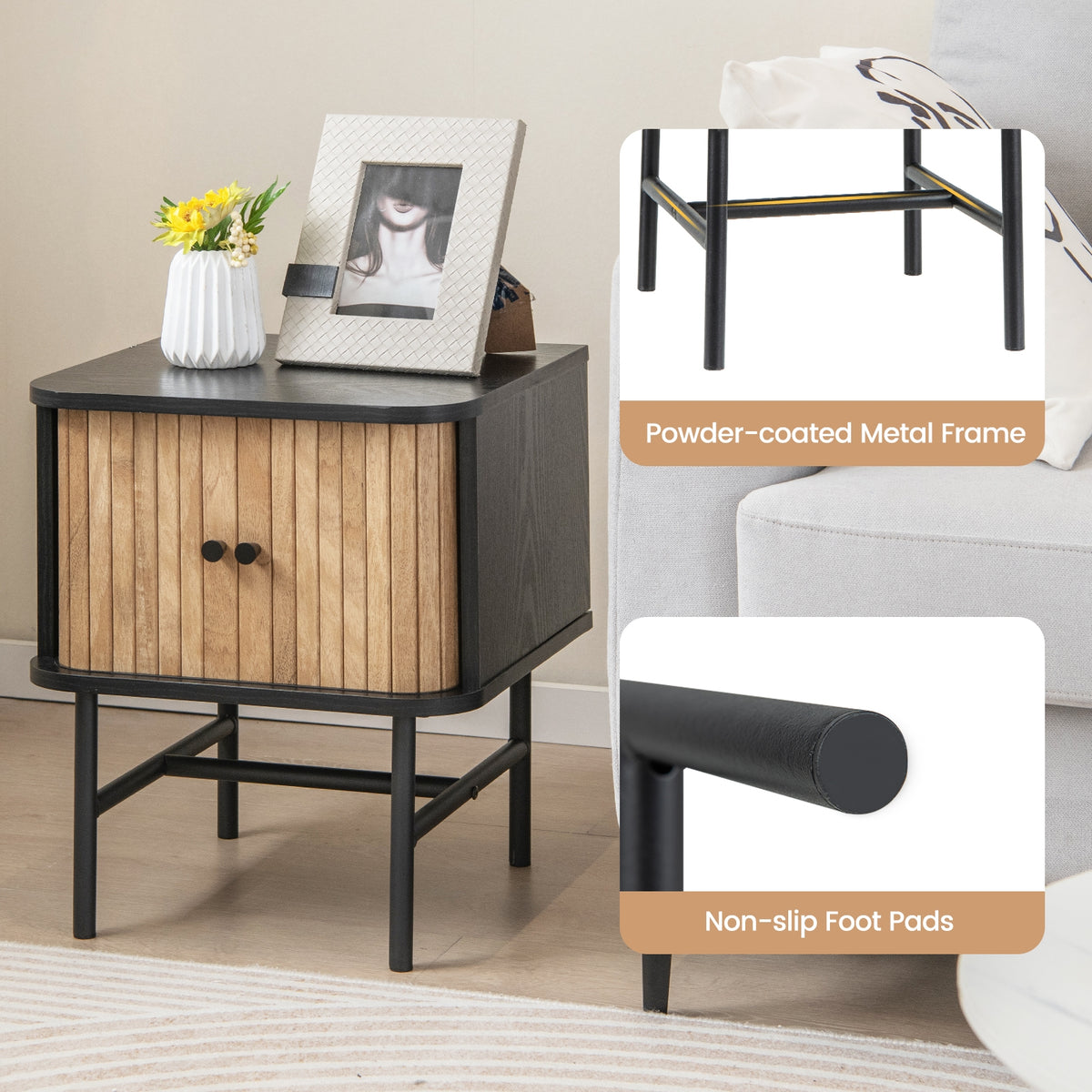 Mid-century Modern Nightstand with Sliding Doors and Storage Cabinet-Black-Nightstands-DECOROLALA