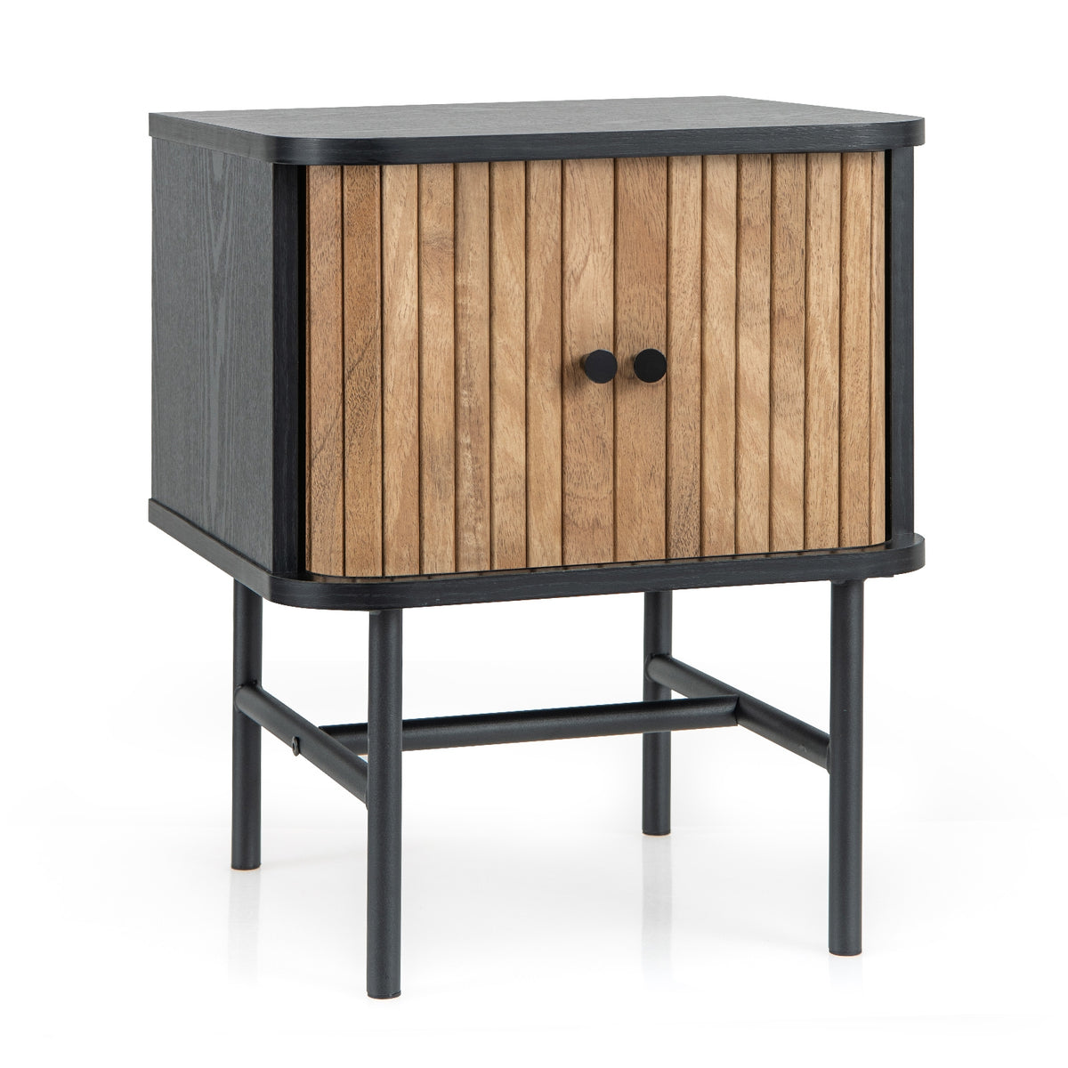 Mid-century Modern Nightstand with Sliding Doors and Storage Cabinet-Black-Nightstands-DECOROLALA