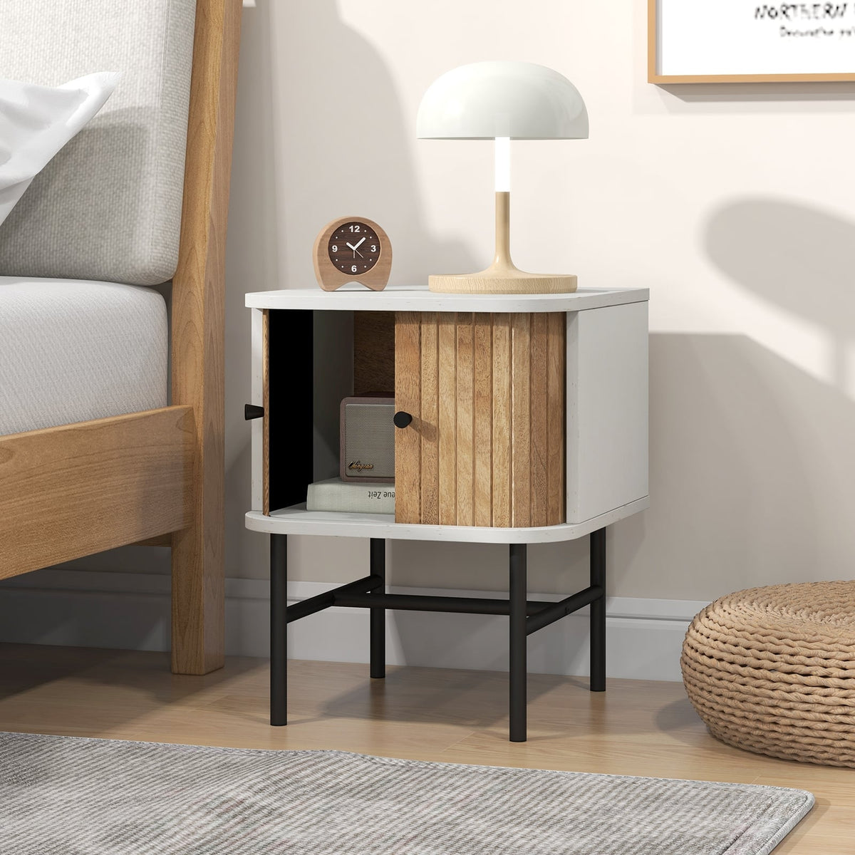 Mid-century Modern Nightstand with Sliding Doors and Storage Cabinet-White-Nightstands-DECOROLALA