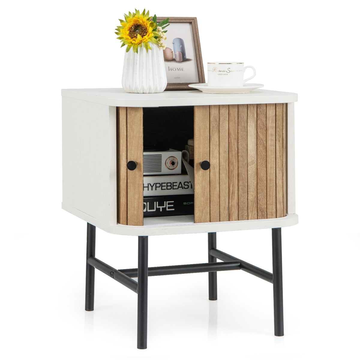 Mid-century Modern Nightstand with Sliding Doors and Storage Cabinet-White-Nightstands-DECOROLALA