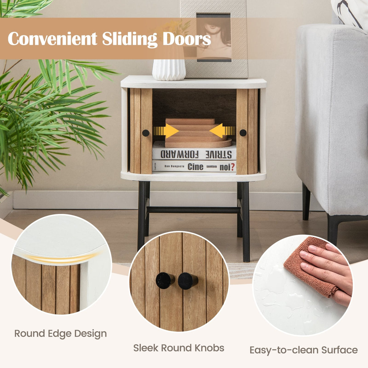 Mid-century Modern Nightstand with Sliding Doors and Storage Cabinet-White-Nightstands-DECOROLALA