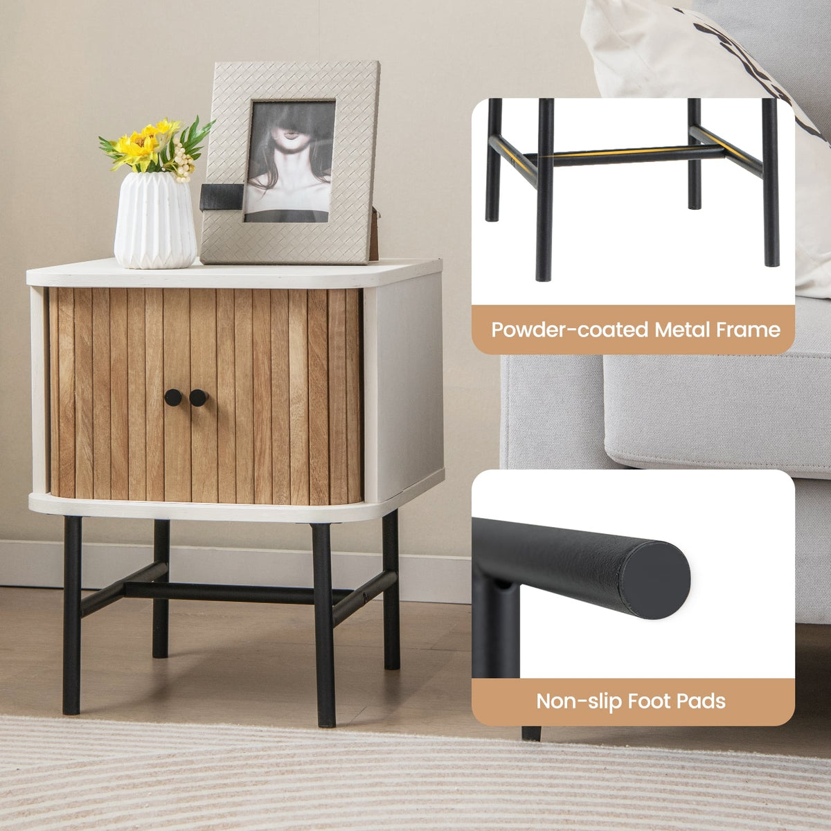 Mid-century Modern Nightstand with Sliding Doors and Storage Cabinet-White-Nightstands-DECOROLALA