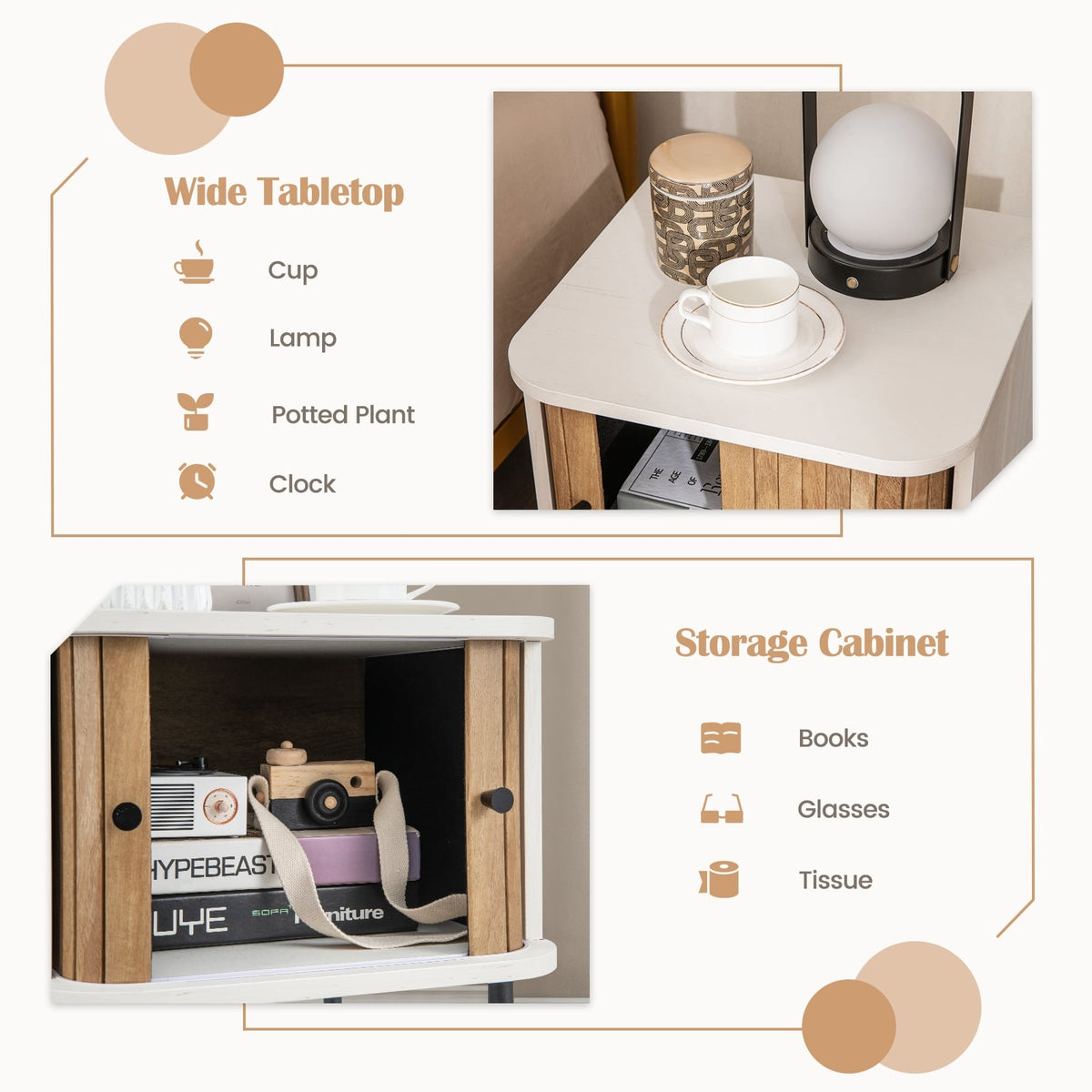 Mid-century Modern Nightstand with Sliding Doors and Storage Cabinet-White-Nightstands-DECOROLALA