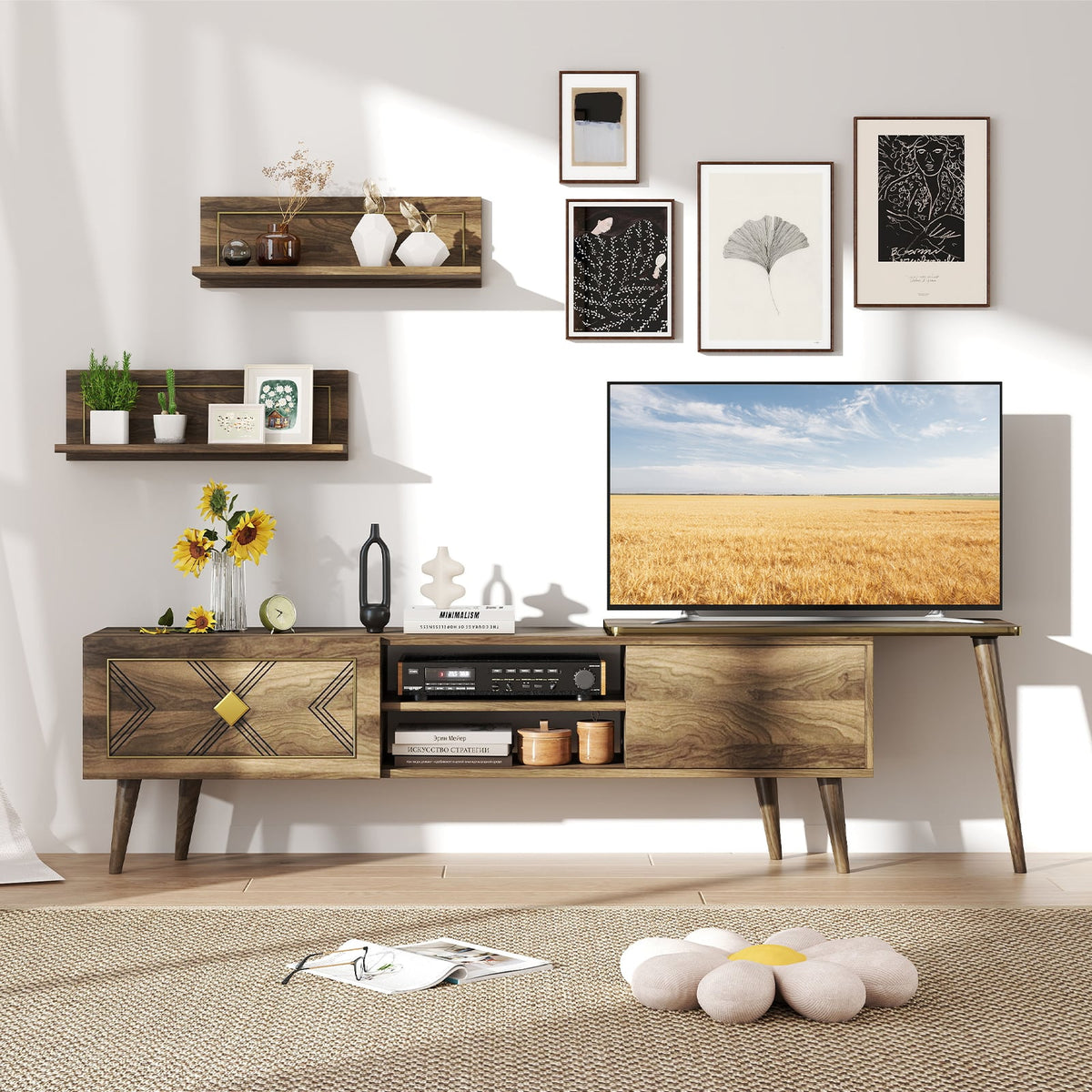 Mid-century Modern TV Stand for TVs up to 85 Inch with Open Compartments-Walnut-Entertainment Centers & TV Stands-DECOROLALA