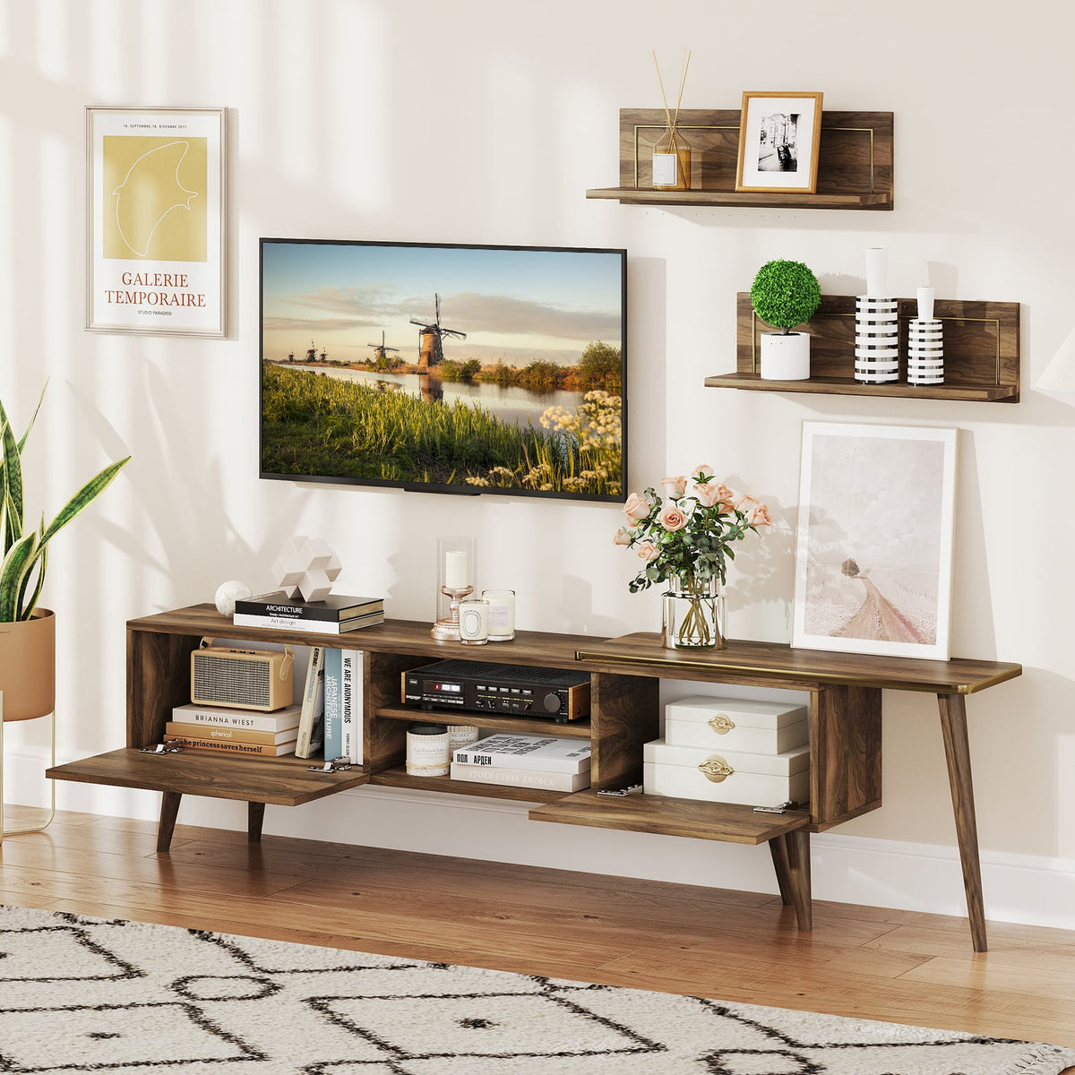 Mid-century Modern TV Stand with Wall Shelves - Walnut, Fits 85" TV-Entertainment Centers & TV Stands-DECOROLALA