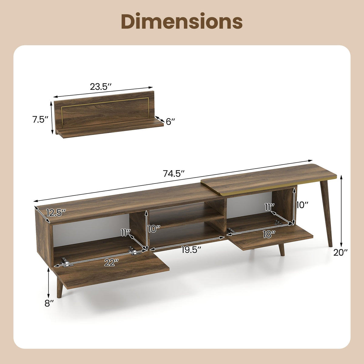 Mid-century Modern TV Stand with Wall Shelves - Walnut, Fits 85" TV-Entertainment Centers & TV Stands-DECOROLALA