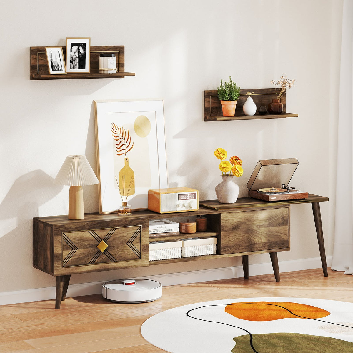 Mid-century Modern TV Stand with Wall Shelves - Walnut, Fits 85" TV-Entertainment Centers & TV Stands-DECOROLALA