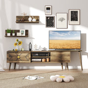 Mid-century Modern TV Stand with Wall Shelves - Walnut, Fits 85" TV-Entertainment Centers & TV Stands-DECOROLALA