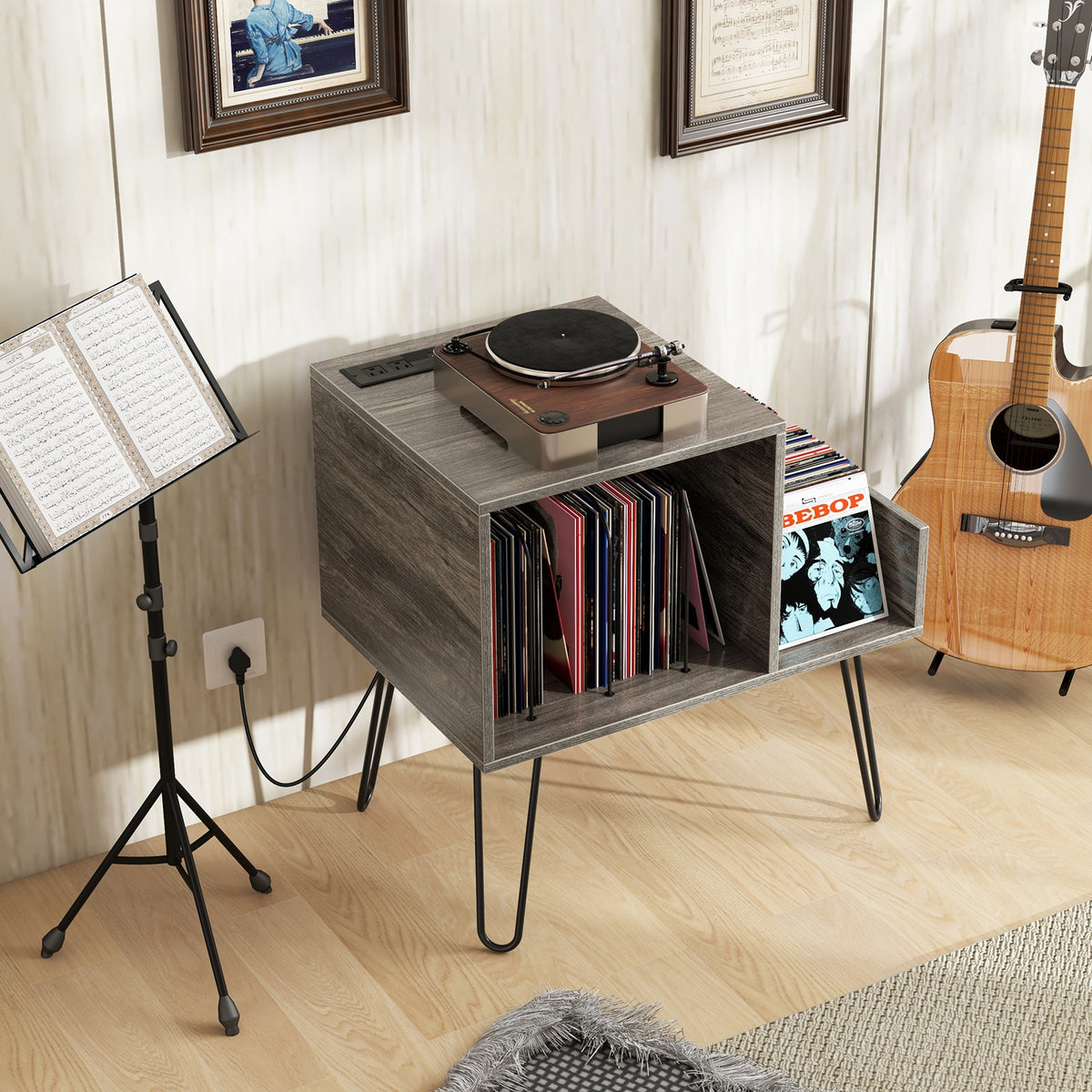 Mid-century Record Player Stand with Power Outlet and Vinyl Divider-Gray-End & Side Tables-DECOROLALA