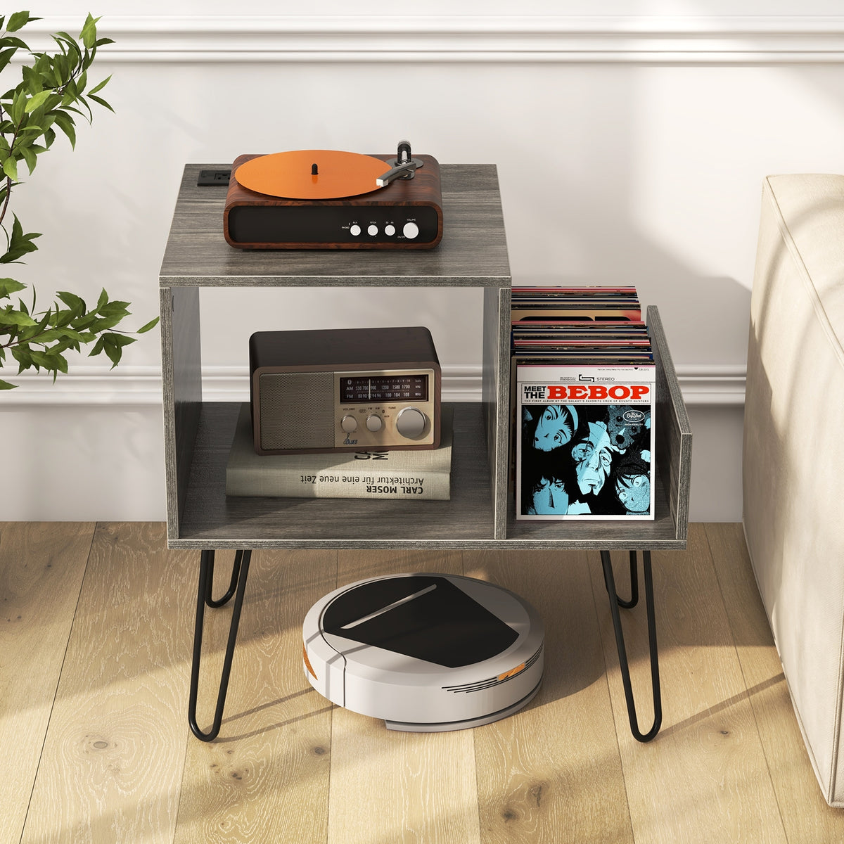 Mid-century Record Player Stand with Power Outlet and Vinyl Divider-Gray-End & Side Tables-DECOROLALA