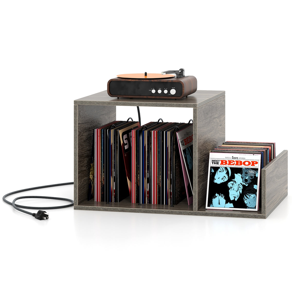 Mid-century Record Player Stand with Power Outlet and Vinyl Divider-Gray-End & Side Tables-DECOROLALA